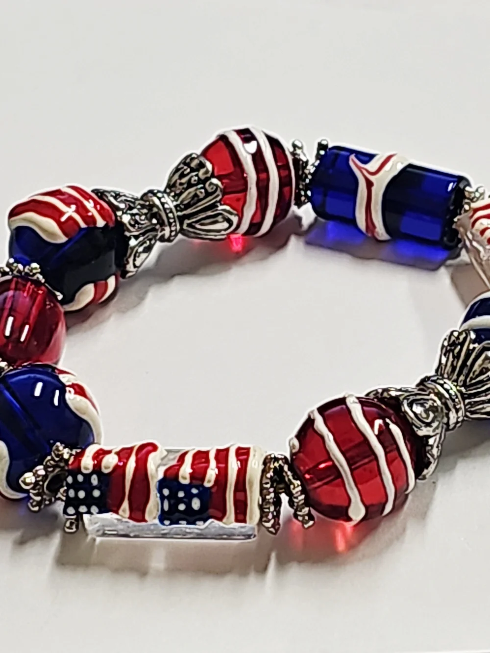 Patriotic Red, White & Blue Beaded Stretch Bracelet - Women Jewelry